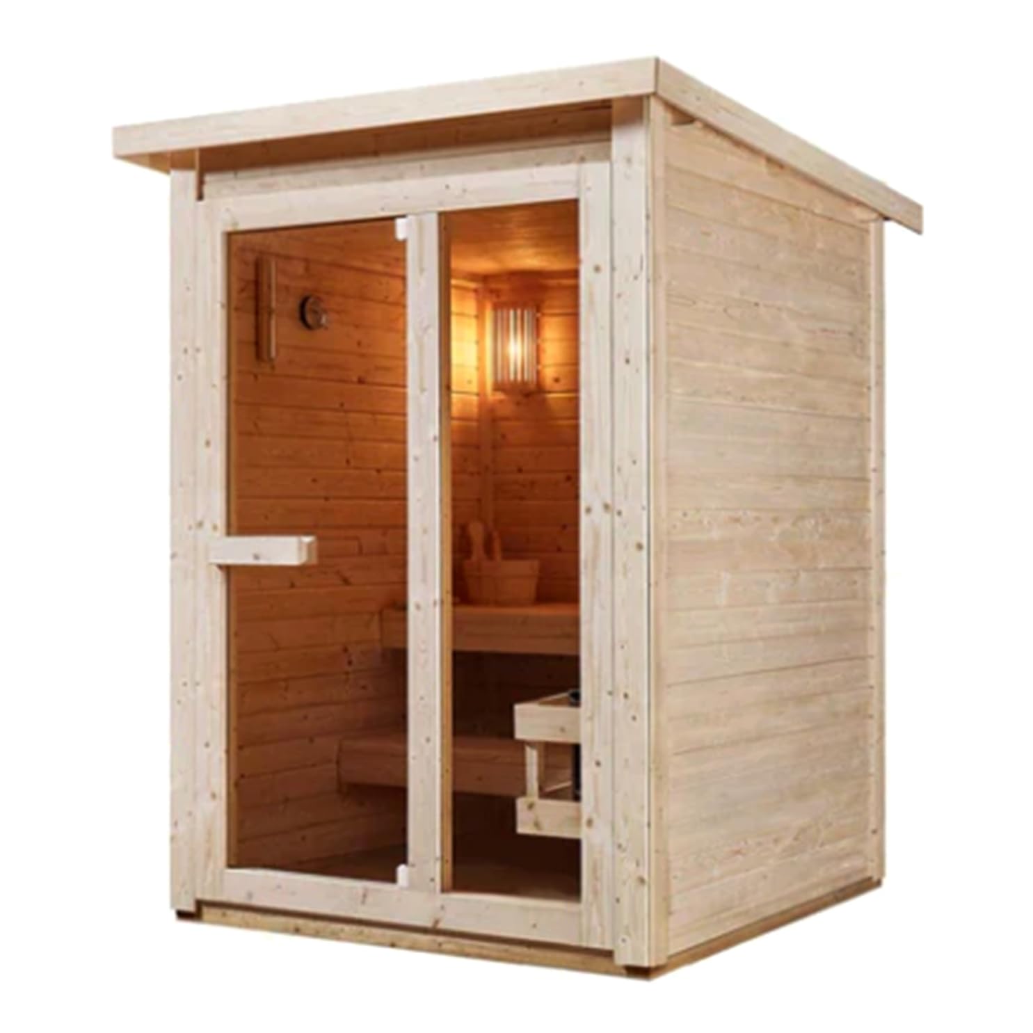 SANOTECHNIK Sauna finlandesa para exterior Helsinki, 165x175x219 cm, para 2-3 personas, horno de 4,5 kW, madera de abeto