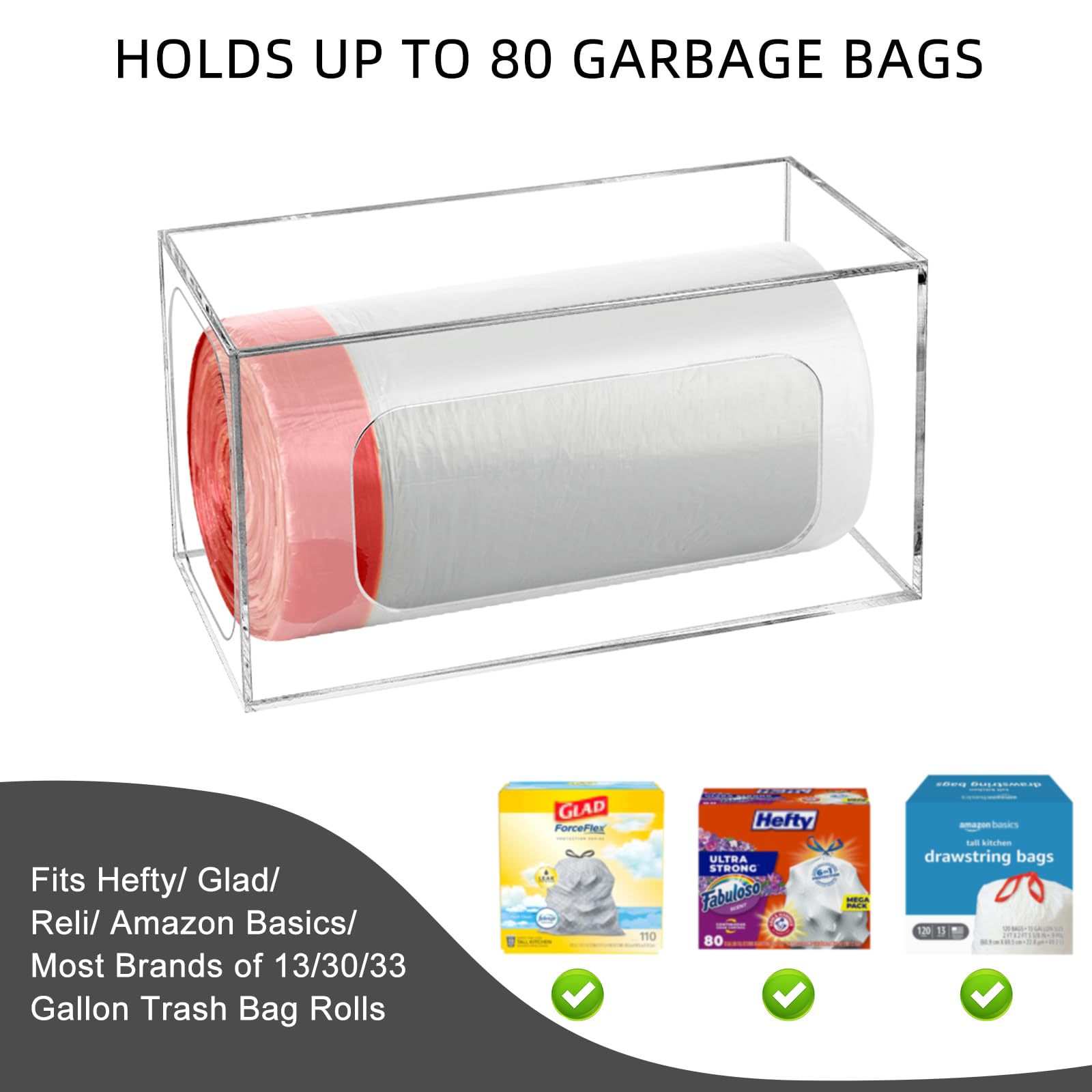 Dispensador de bolsas de basura, soporte acrílico para bolsas de basura, organizador de bolsas de plástico adhesivo montado en la pared, soporte de rollo de bolsas de basura para cocina