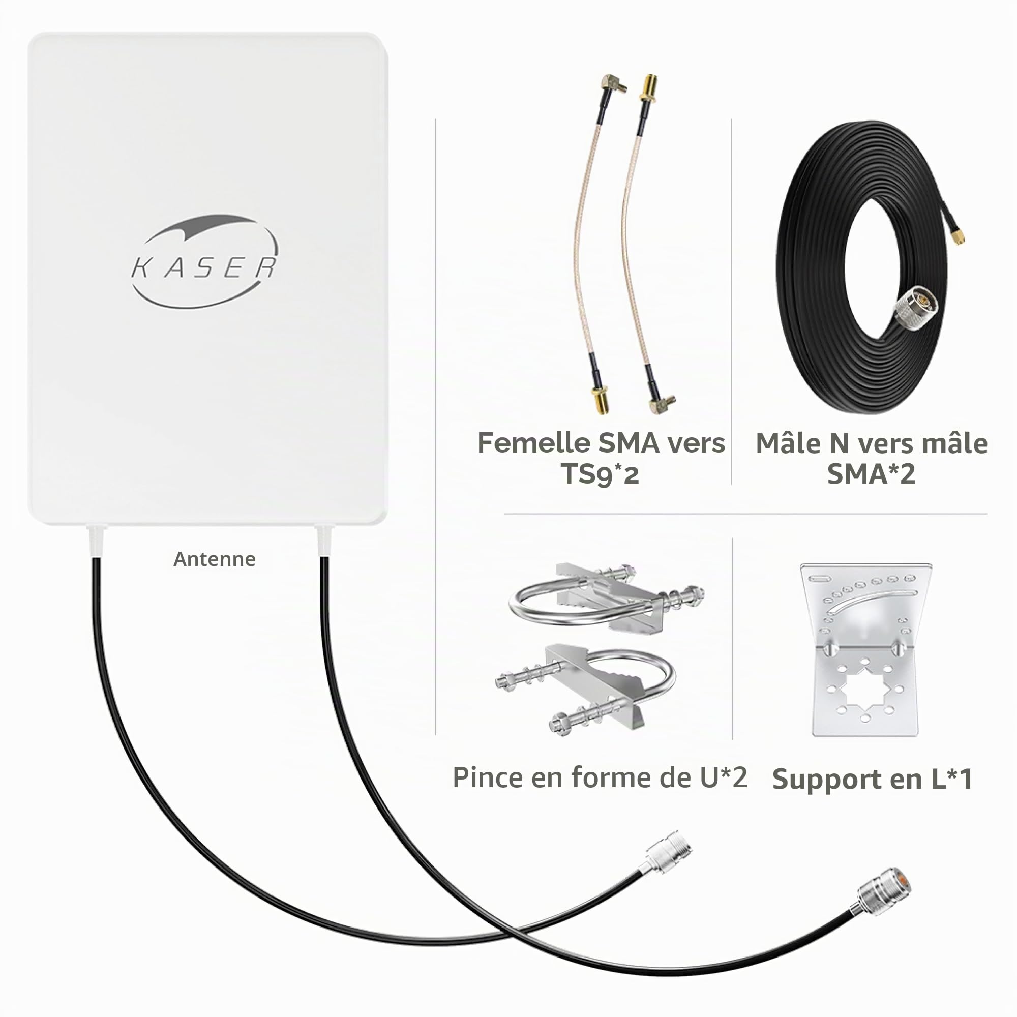 KASER Antenne directionnelle 5G LTE Mimo d'extérieur 3300-3800 MHz N78 jusqu'à 15 dBi Gain Compatible 5g Routeur N-SMA Sortie avec Adaptateur TS9 Câble à Faible Perte 10M - V4