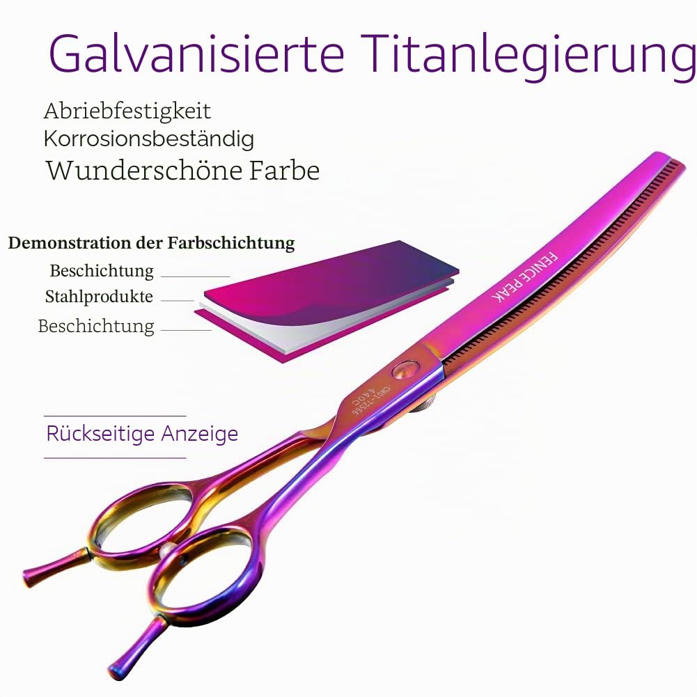 Professionelle Fellschere für Hunde, gebogene Effilierschere, 17,8 cm, extrem scharfe Klingen, 440C-Stahl, langlebig, glatte Bewegung und feiner Schnitt für Hunde und Katzen (mehrfarbig)