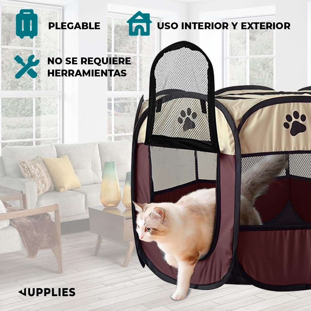 Recinto Plegable Para Gatos - Corral Portátil Con Túnel, 120x46 Cm, Malla Transpirable, Para Interior O Exterior
