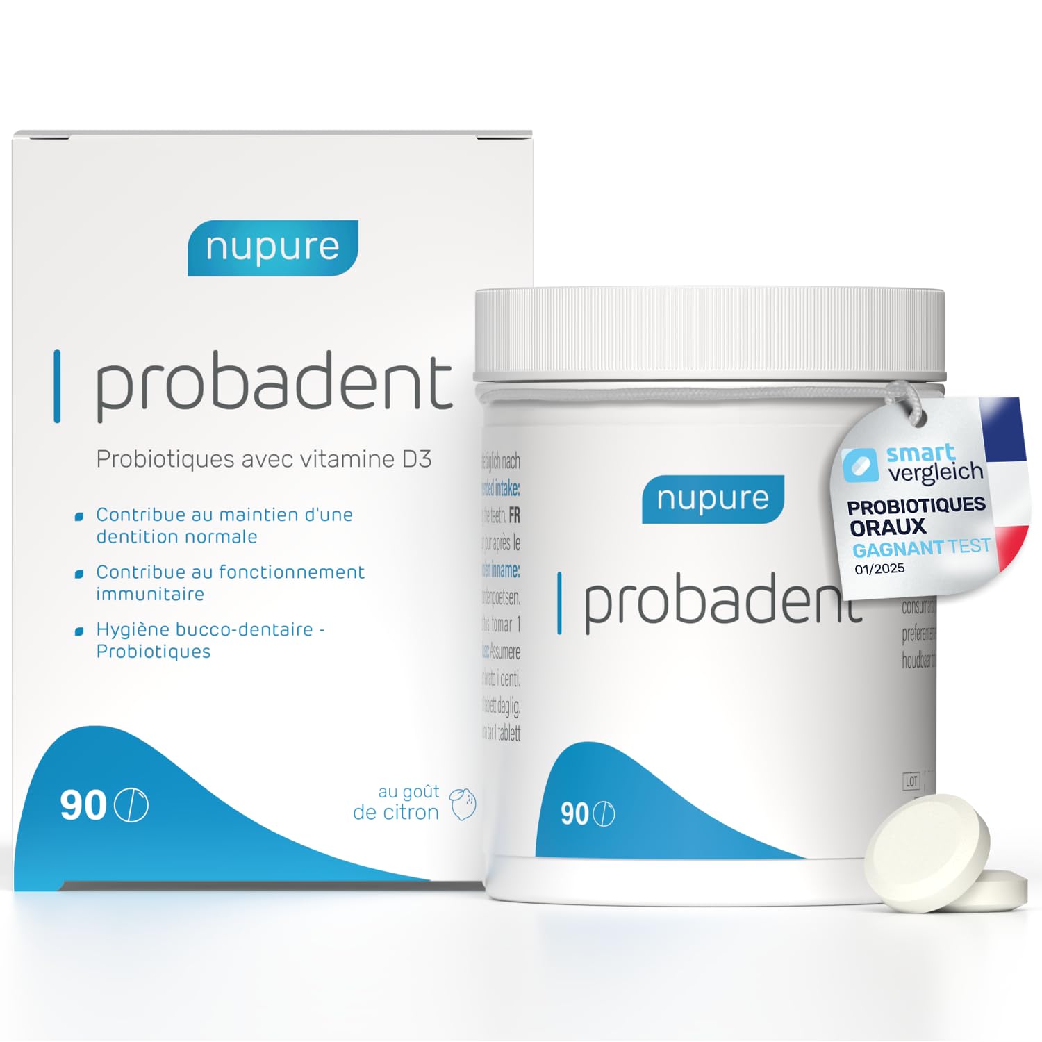 Nupure Probadent pastilles à sucer probiotique flore buccale vitamine D 5 μg goût citron hygiène buccale 90 gélules