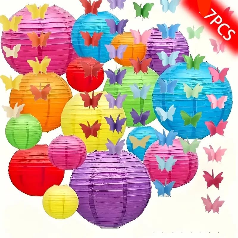 Image of Wanna Party 7 Pcs Colorful Paper Lanterns with 3D Butterflies - Hanging Decoration Set for Birthday, Baby Shower, Valentine's Day, Wedding & Party Celebrations