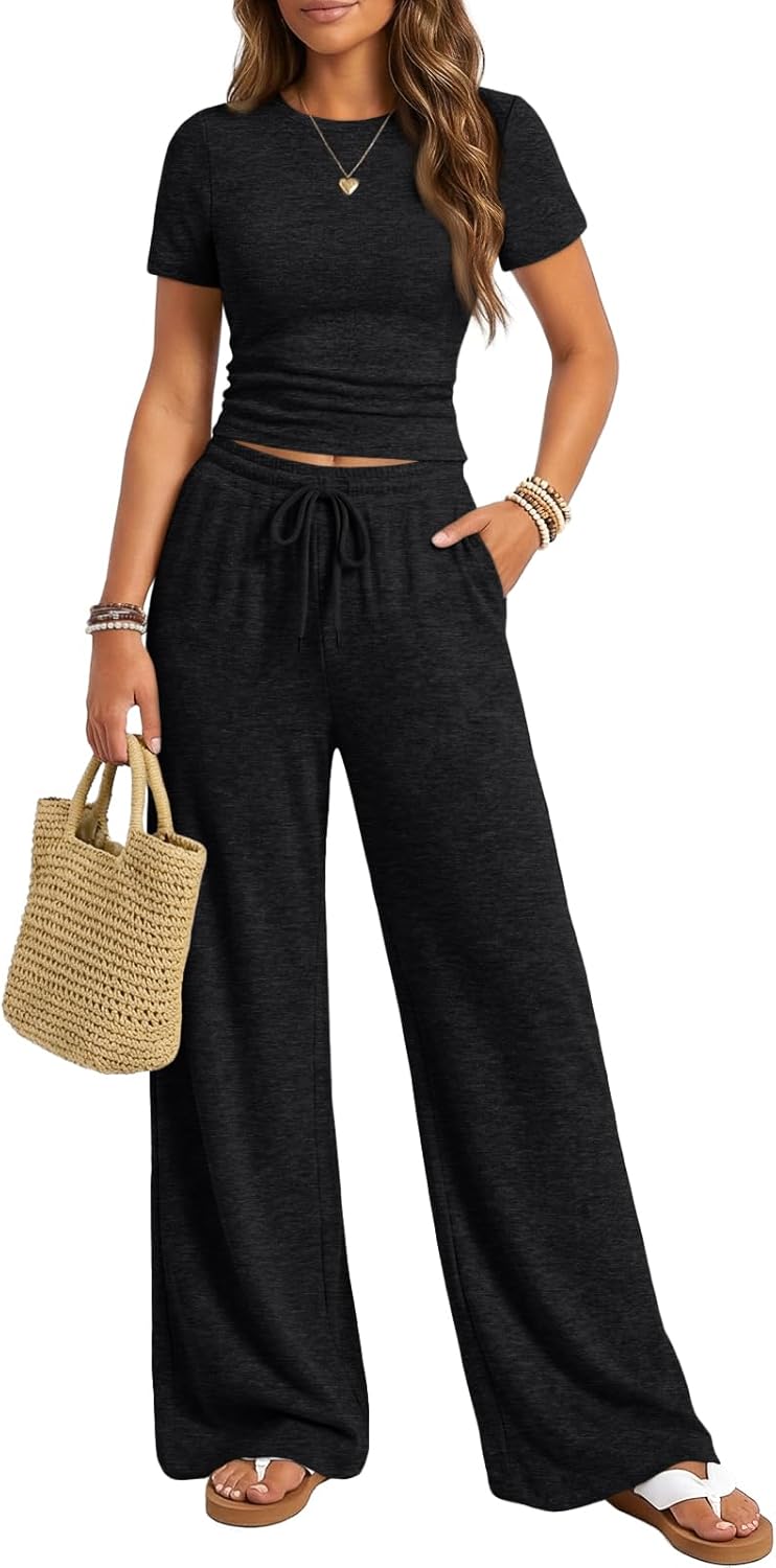 Trendy Queen Womens 2 Piece Lounge Matching Sets Wide Leg Pants Crew Neck Short Sleeve Shirt Sweatsuits