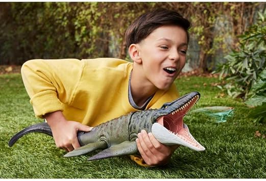Mattel Jurassic World Rebirth Mosasaurus action figure and mini Dilophosaurus, broad-jawed dinosaur toy, film-adapted design, bendable joints, digital games, JCH00