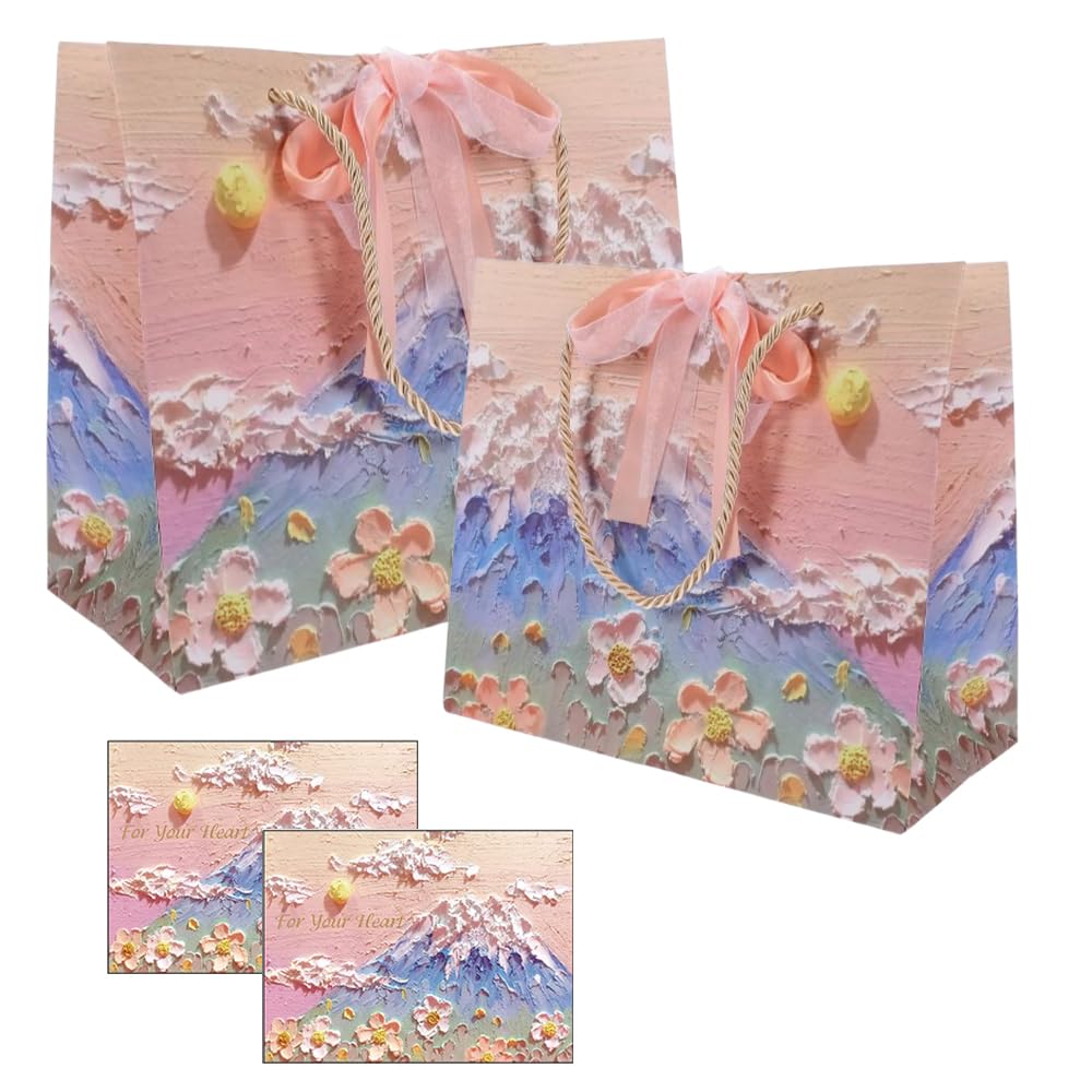 2 PCS Large Gift Bags for Presents Elegant Landscape Gift Bag Luxury Flower Paper Bag with Pink Bow Ribbon and 2 Greeting Cards for Birthday Mother‘s Day Wedding Anniversary Bridal Party Christmas