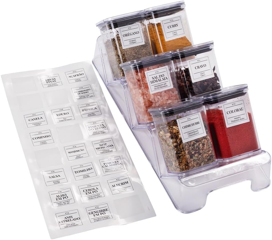 PLASUTIL Porta Tempero Condimento Hermético Cristal com Base Modular 7 Peças