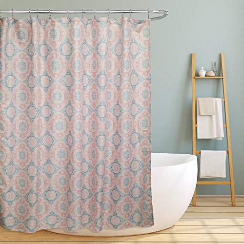 Linen Store Fabric Canvas Shower Curtain, 70"X70", Casey, Contemporary Geometric Coral/Grey Medallion Inspired Design #TOP1