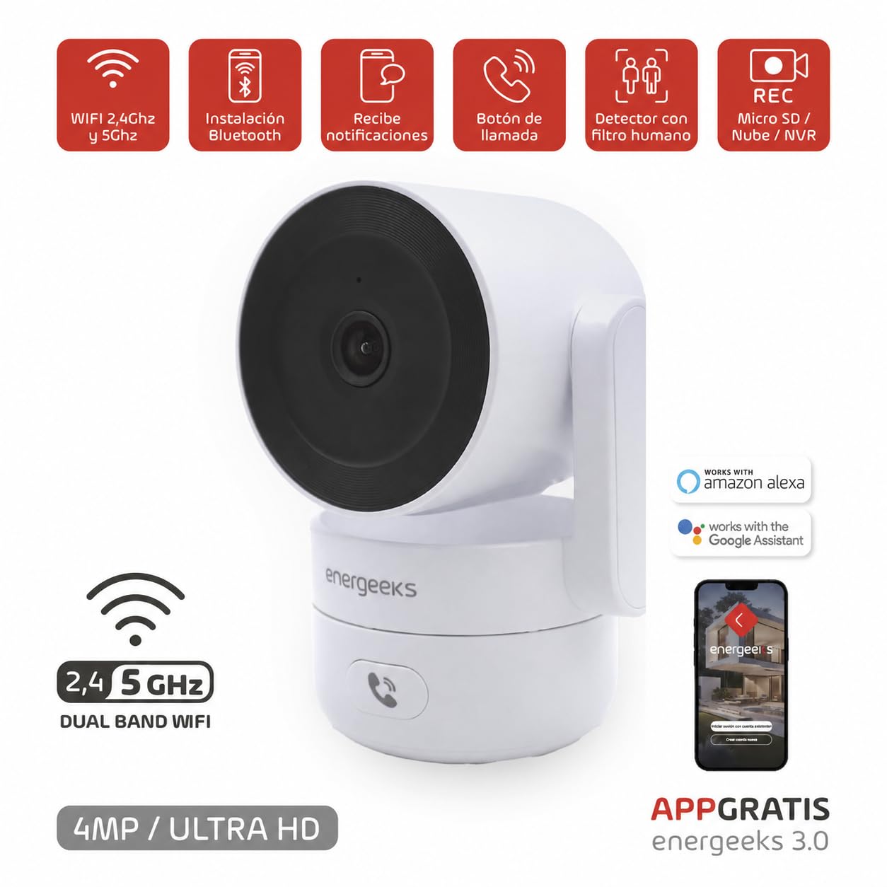 energeeks Sentinel Pro - Cámara IP WiFi Interior 5Ghz y 2,4Ghz - 360º - Resolución 2K Full HD - 4 MP - Detección Movimiento/Sonido - Botón de Llamada - Almacenamiento SD/Nube - ONVIF