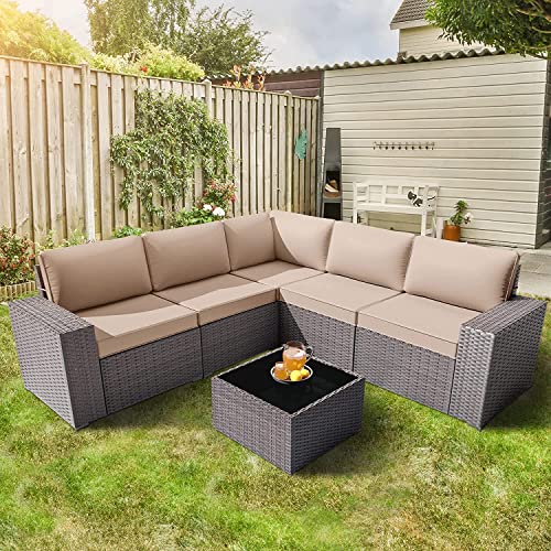 Grezone 6 Pieces Patio Outdoor Furniture Sets All Weather Wicker Sectional Sofa Couch Lawn Sectional Furniture With Washable Couch Cushions And Wicker Table (Cream) #TOP26