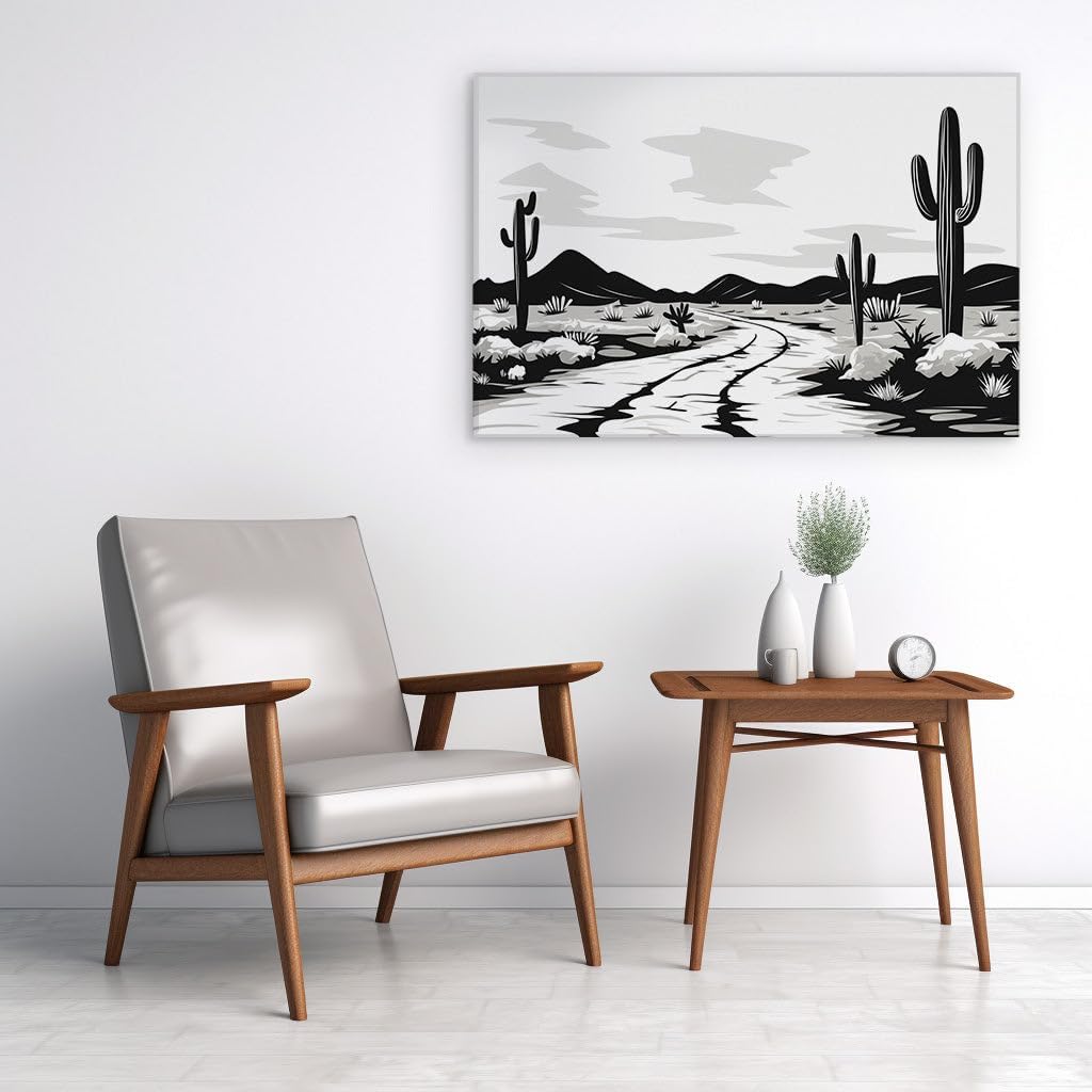 Canvas for Living room. Whispers of the Desert - A Monochromatic Journey Down an Enigmatic Road, 27 x 18 inch Canvas Wall Art - Modern Home Decor