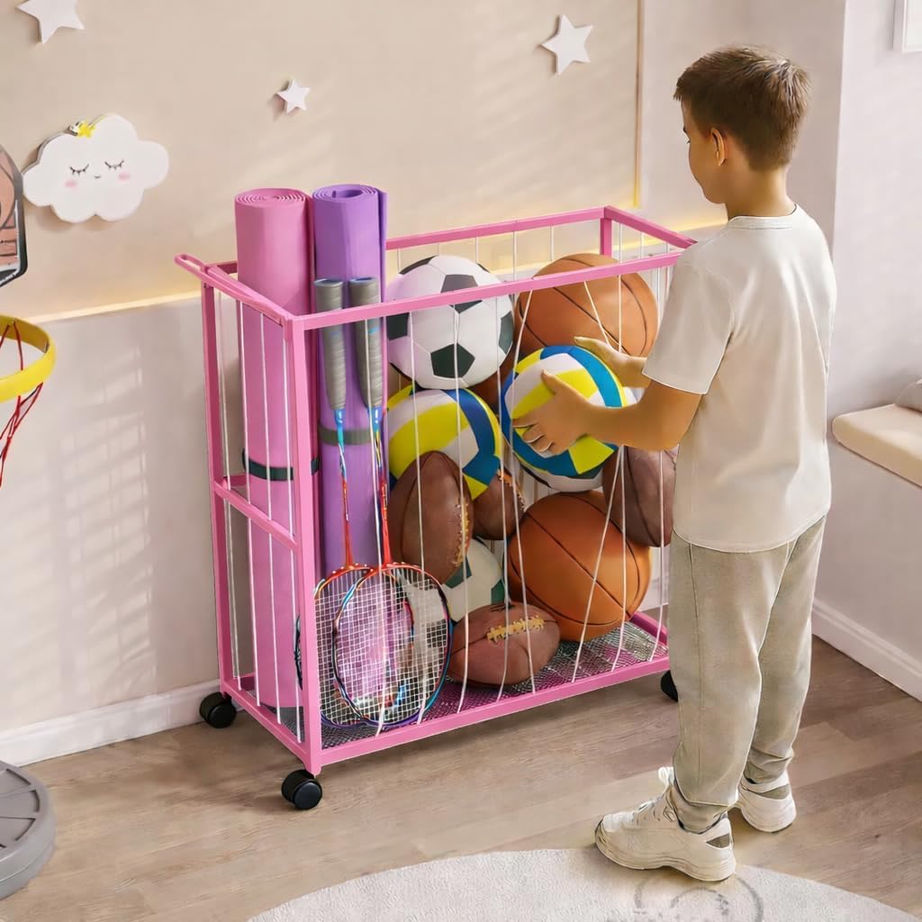 56267 Ball Storage Bin Rolling Sports Ball Cart, Metal Garage Organizer Sport Rack, Ball Basket Storage, Ball Cage for Garage or Gym, Indoor & Outdoor Sports Equipment Organizer - Pink