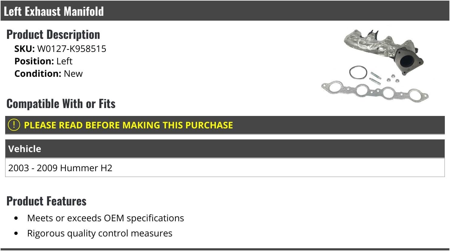 Left Driver Side Exhaust Manifold - Compatible with 2003-2009 Hummer H2