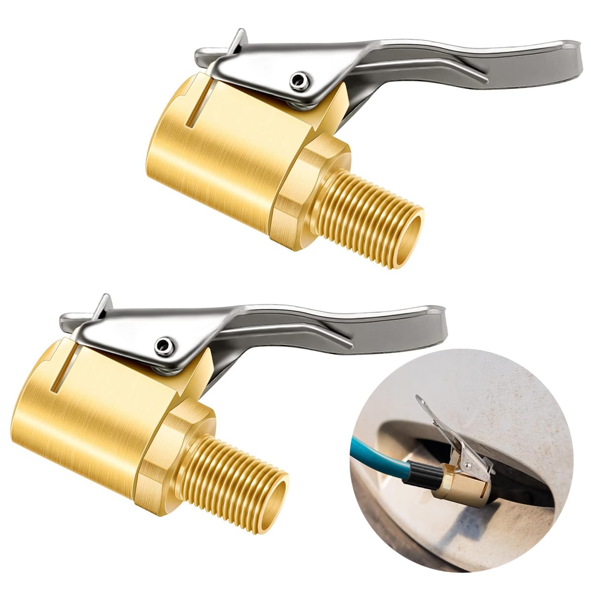 2Pcs Brass Tire Valve Adapter with Secure Lock High-Quality 250 PSI Rated Air Pump Nozzle for Car & Cycle Accessories Motorcycles & Bicycles Most Fit for Tire Pressure Gauges & Air Compressors
