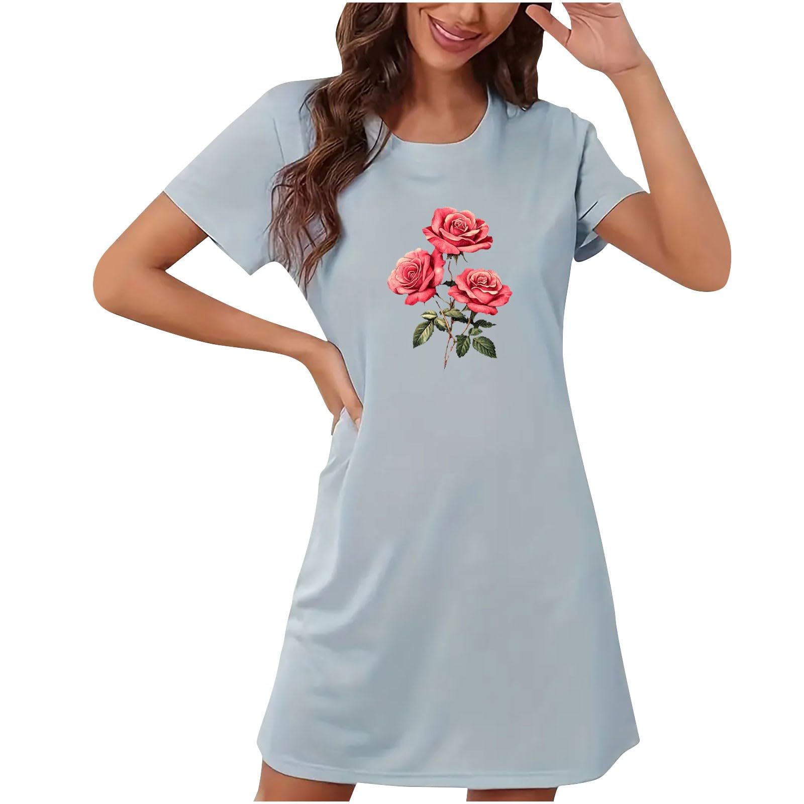 Women's Nightshirt Floral Print Short Sleeve Pajama Casual Cozy Short Nightgown Valentine's Day Loungewear