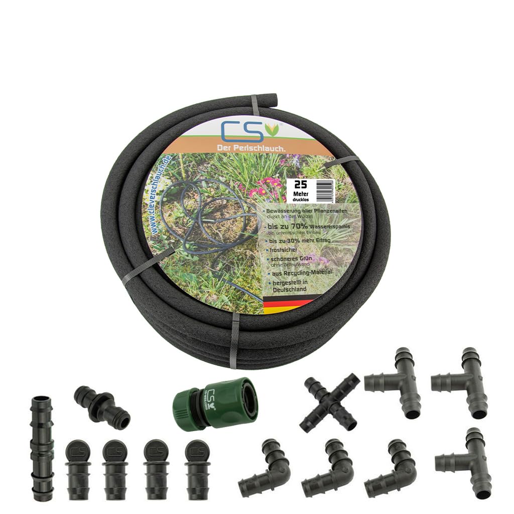 CS Tuyau perlé 25 m sans pression avec kit de démarrage – Tuyau d'arrosage écologique pour citerne de pluie et eau de pluie – Tuyau d'arrosage durable et économe en eau pour jardin, parterre et haie