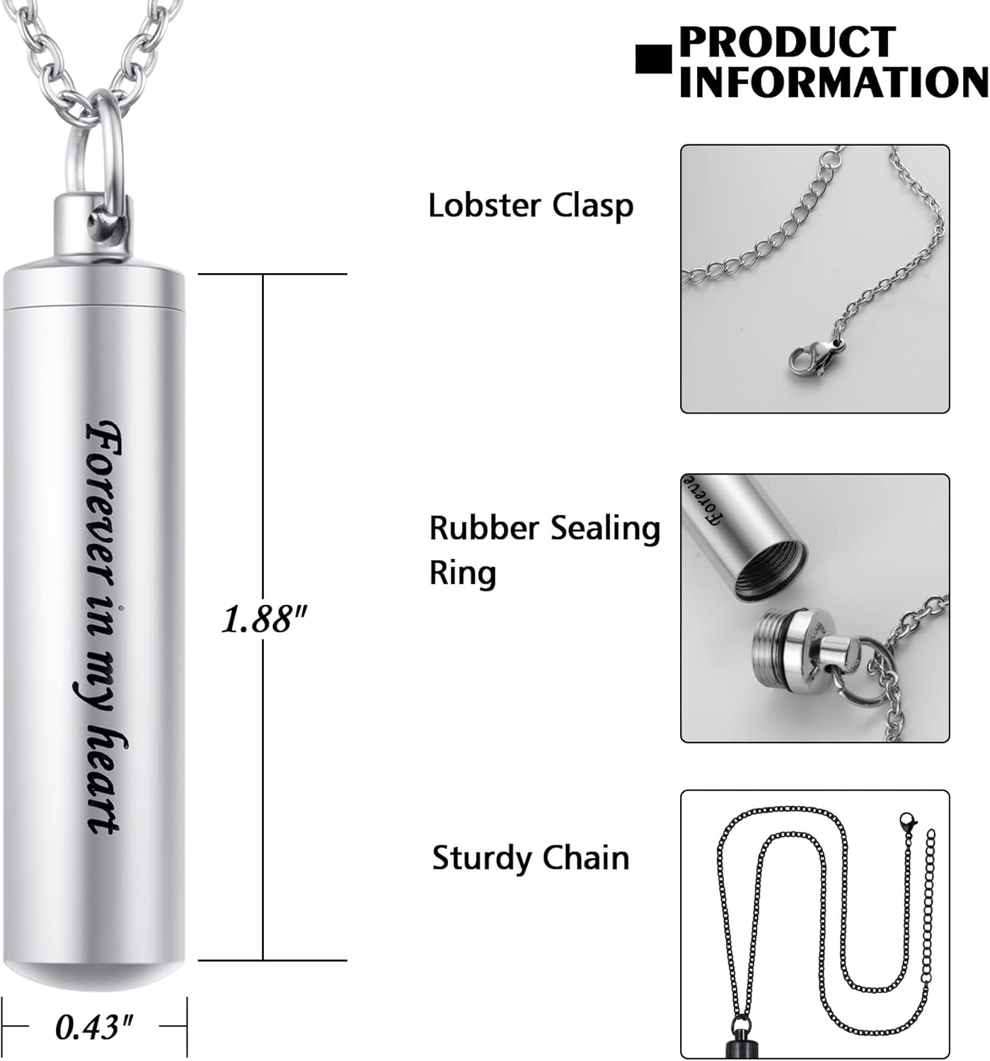 3 Pack Urn Necklace for Ashes Memorial Cremation Jewelry for Ashes, Cylinder Urn Locket for Ashes Stainless Steel Urns Pendant Keepsake Jewelry with Words: Forever in my heart & Funnel Kit & Bag - Image 5