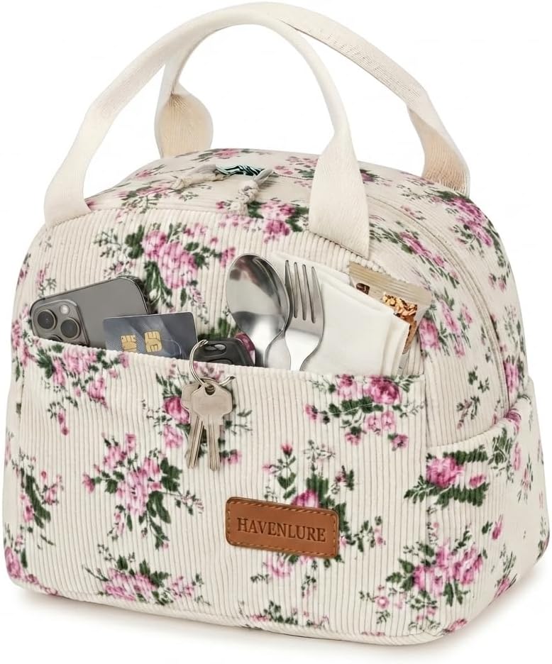 Corduroy Insulated Lunch Tote with Front Pocket for Women & Men, Leakproof Reusable Meal & Food Bag -Large Capacity for Office, Picnic & Travel (Corduroy floral)