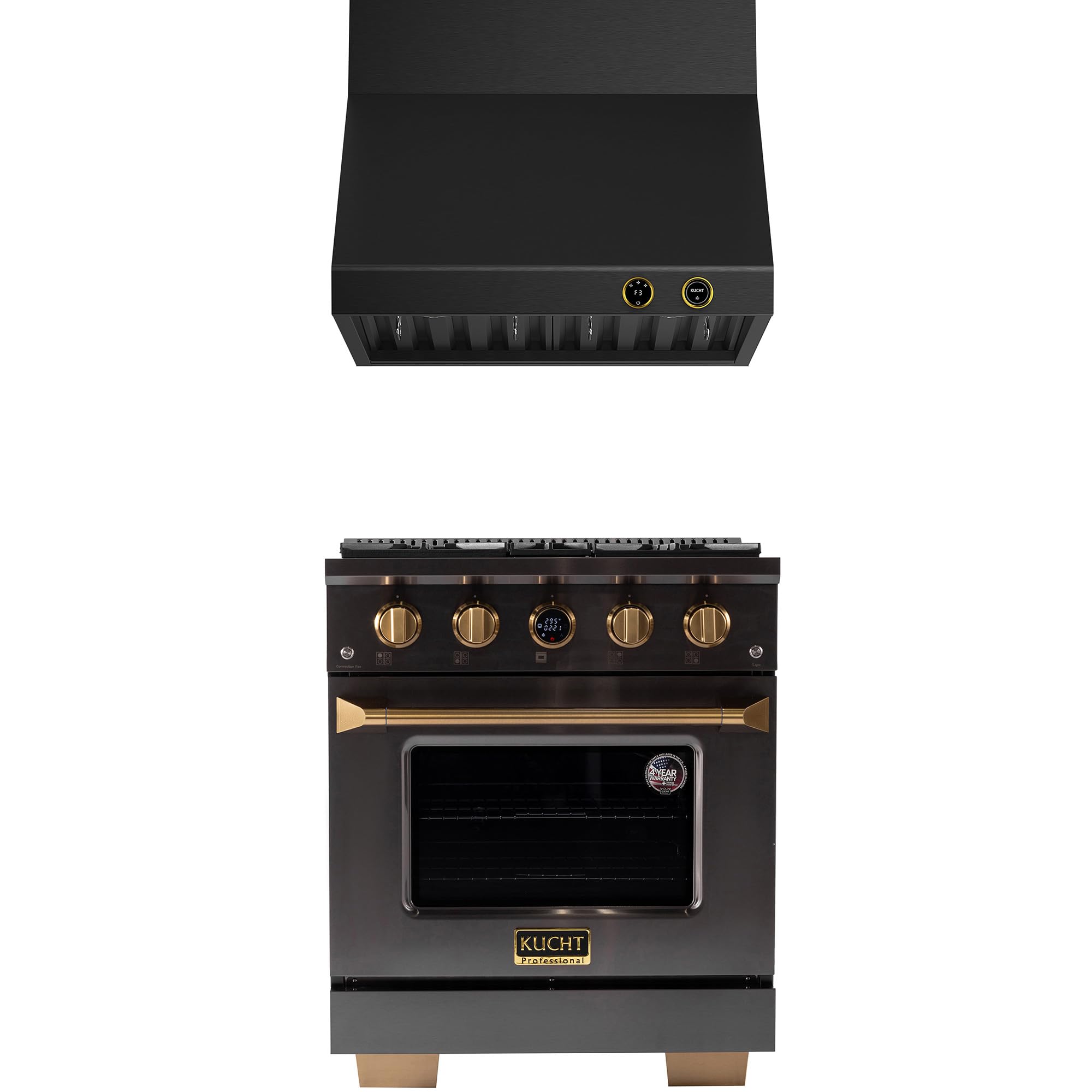 Kucht 30 in. 4.2 cu. ft. 4-Burners Dual Fuel Range for Natural Gas in Titanium and Gold Plus Wall Mount Range Hood KXD30-KRHG30GLC