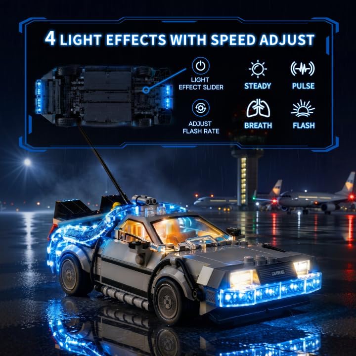 Diagram showing four light effects: Steady, Pulse, Breath, and Flash, with controls for light effect slider and flash rate adjustment.