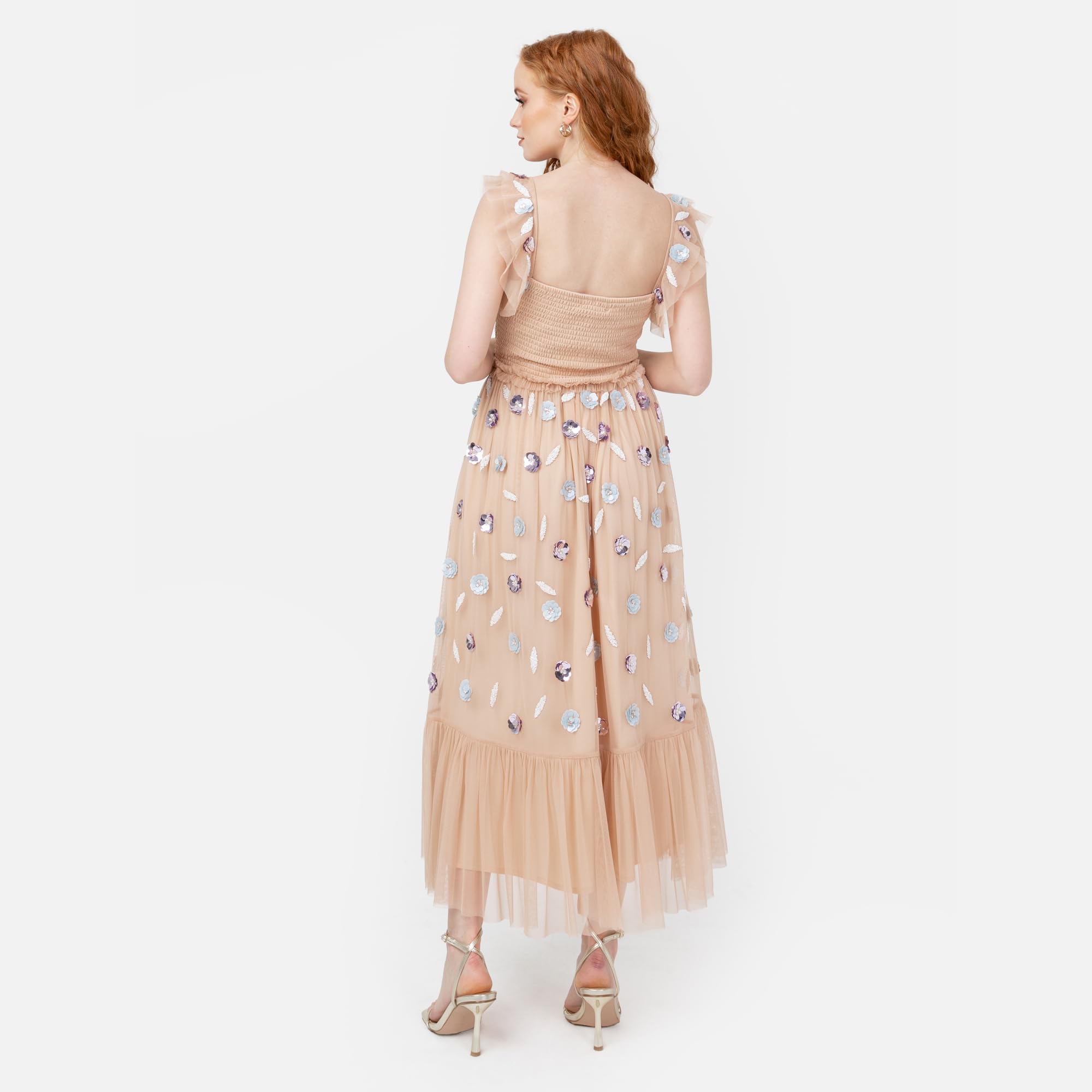 Maya Deluxe Damska sukienka Midaxi Ruffle Short Sleeve Square Neck Sequin Embellished Shirred Back Frills A-line Wedding Guest Nude 42, nude, 42