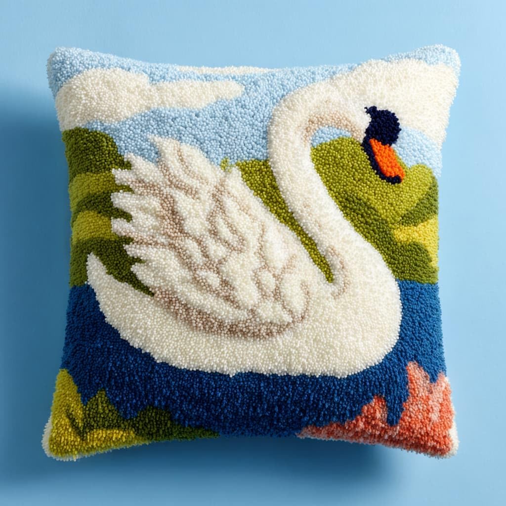 Taxpy Latch Hook Pillow Kits, White Swan Pre-Printed Latch Hook Rug Kits Cross-Stitch Embroidery Cushion Sofa Cushion Making Kits 43x43cm