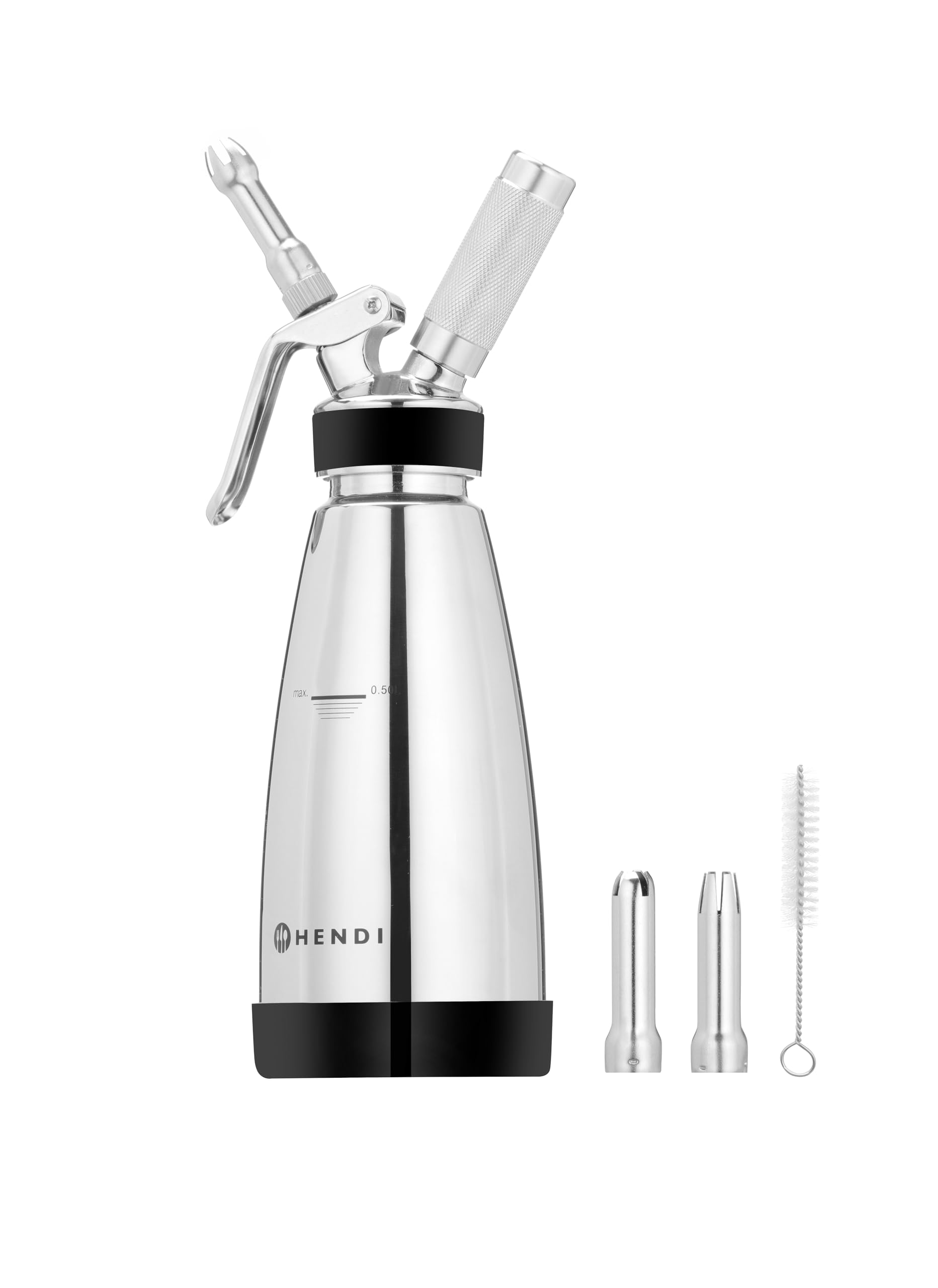 HENDI Sifone da cucina a doppia parete – 0,5L – Per panna montata, mousse, salse calde e fredde – 3 beccucci, spazzolino per la pulizia – ø95x(H)275mm – Acciaio inox