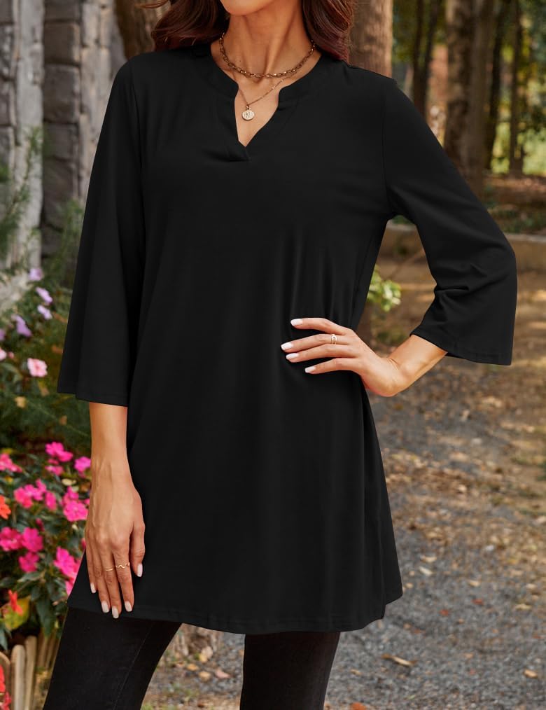 Poetsky Womens Tunic Tops 3/4 Bell Sleeve Loose Fit Tunics Dressy Casual Side Split Flare Top for Leggings S-3XL - Image 3