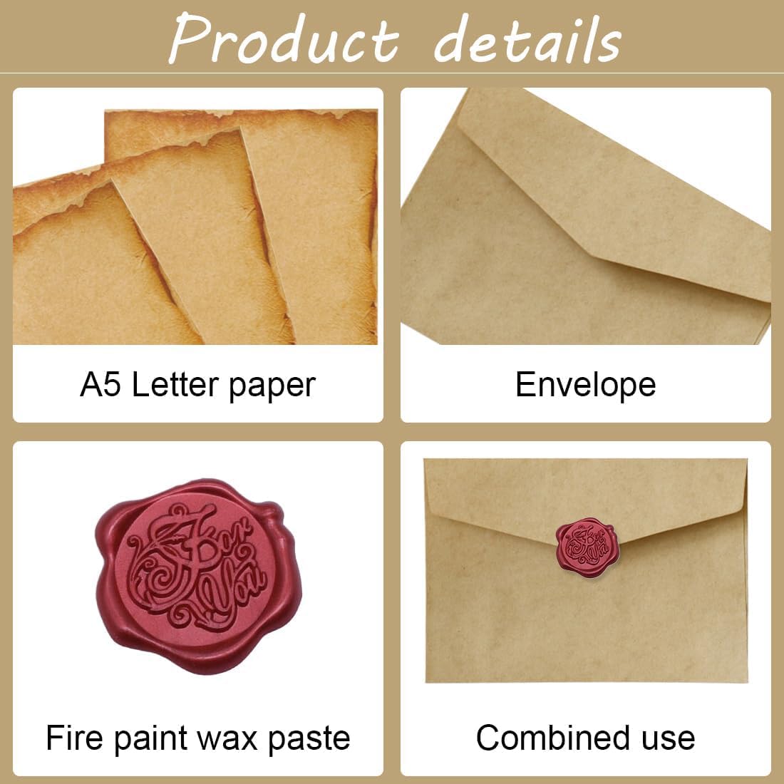 Set Carta Da Lettere Vintage Con Buste Kraft - 16 Fogli Decorati + 10 Buste + 10 Adesivi Sigillo Cera - Foto 11