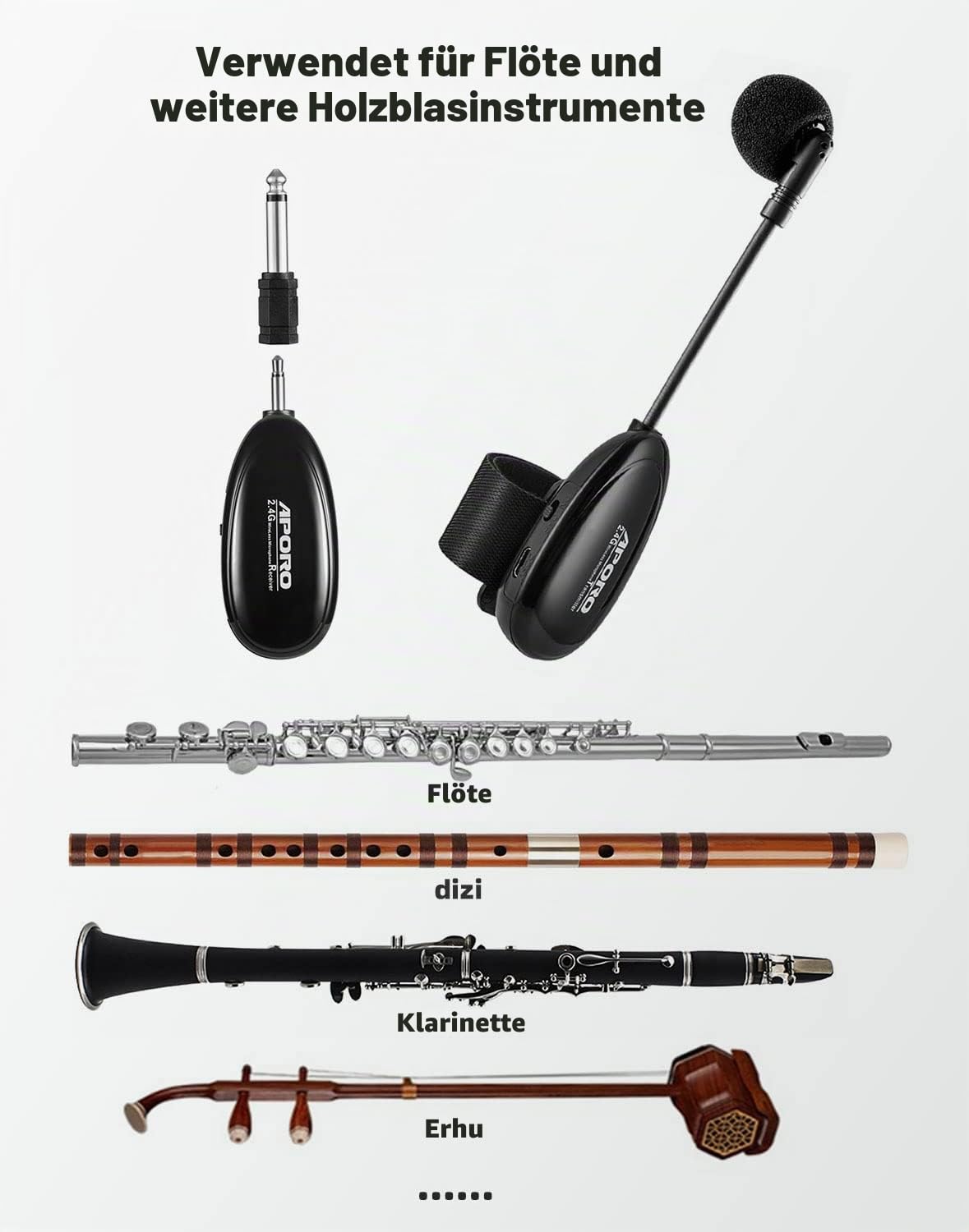 2.4G Drahtlos Flute Mikrofon Umbinden Musikinstrumente Mikrofon, Drahtloser Empfänger und Sender, für Flute und mehr
