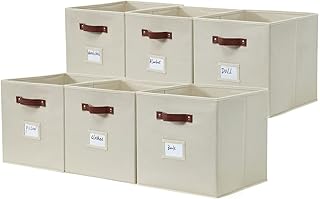 DECOMOMO Storage Bins | Cube Storage Bin with Label Holders, Fabric Storage Cubes for Organizing Shelves Closet Toy Clothes (11" / 6pcs, Beige)
