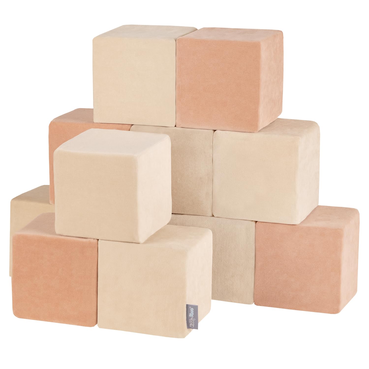 KiddyMoon Soft Foam Building Blocks For Babies & Toddlers, Washable Velvet Zip Cover, 14Cm Cubes, Sensory Toy, 12 Pieces, Cubes: Sand Beige-Desert Pink