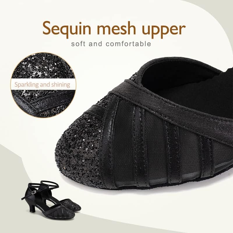 TINRYMX Womens Latin Dance Shoes Sequin Mesh Ballroom Salsa Tango Party Wedding Dance Shoes, DY105-Black-5.5cm-Suede Sole,5.5 US - Image 2