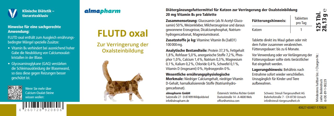 almapharm FLUTD Oxal | 125 compresse | Mangime complementare per gatti | Può aiutare a ridurre la formazione di pietre ossalate