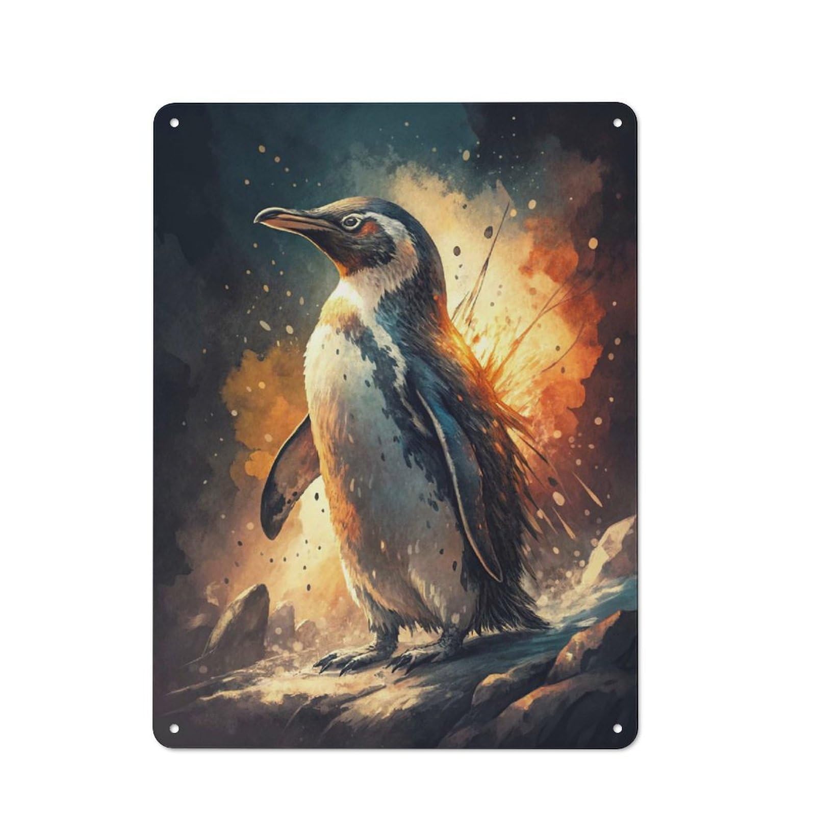 Junmoney Style-7 Penguin With Fiery Aura Printed Metal Sign 40X30cm For Guest Room Or Hallway, For Kitchen, Dining Room And Home Bar Wall Decor