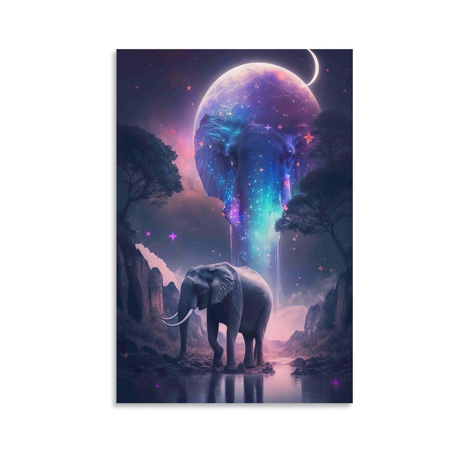 DHBANEIOK Fantasy Elephant Moon Wall Decor Poster Giclee Canvas Prints Modern Wall Art Picture Wall Hanging for Office Gym Living Room Decor 24x36inch(60x90cm)