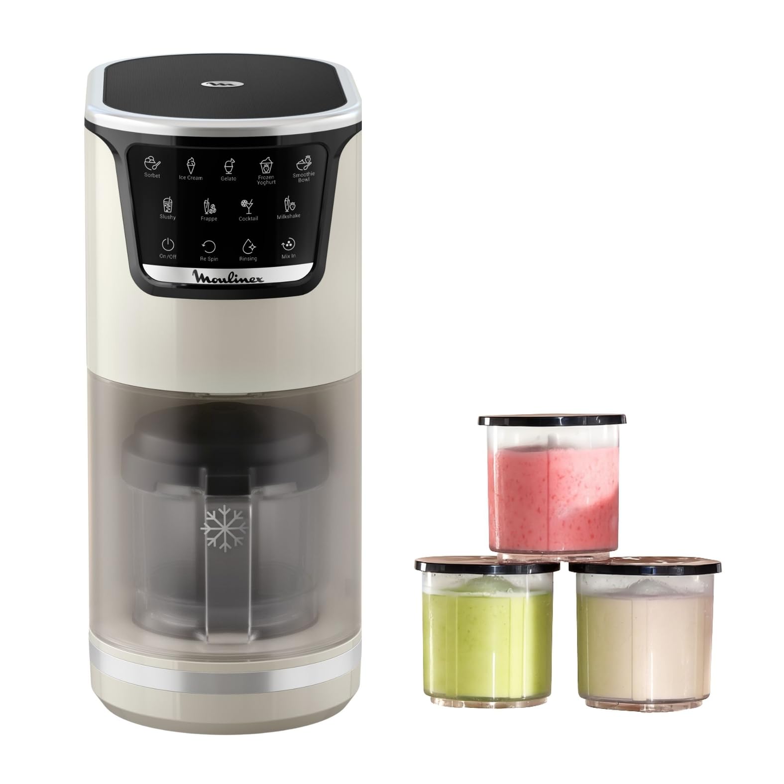 Moulinex Dolci, Heladera, 10 programas en 1, Limpieza con aclarado automático, Tecnología 1 Step Perfector, Hasta 1,​4L de helado utilizando los 3 boles de Tritan, Blanca, MJ602AF0