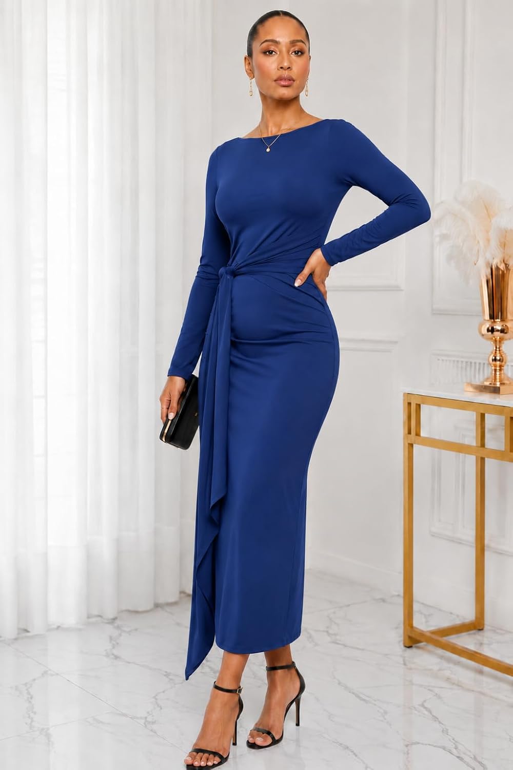 ENOPINK Womens Elegant Long Sleeve Wedding Guest Dress Ruched Bodycon Party Cocktail Church Midi Formal Dresses