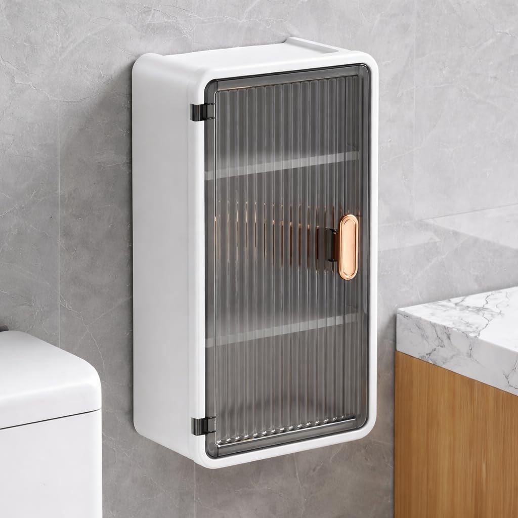 Wall Mounted Bathroom Storage Cabinet with Clear Ribbed Door, ABS Plastic, Large Classified Storage for Sanitary Pads, Tampons, Wet Wipes, Skin Care, Moisture Resistant-image-31
