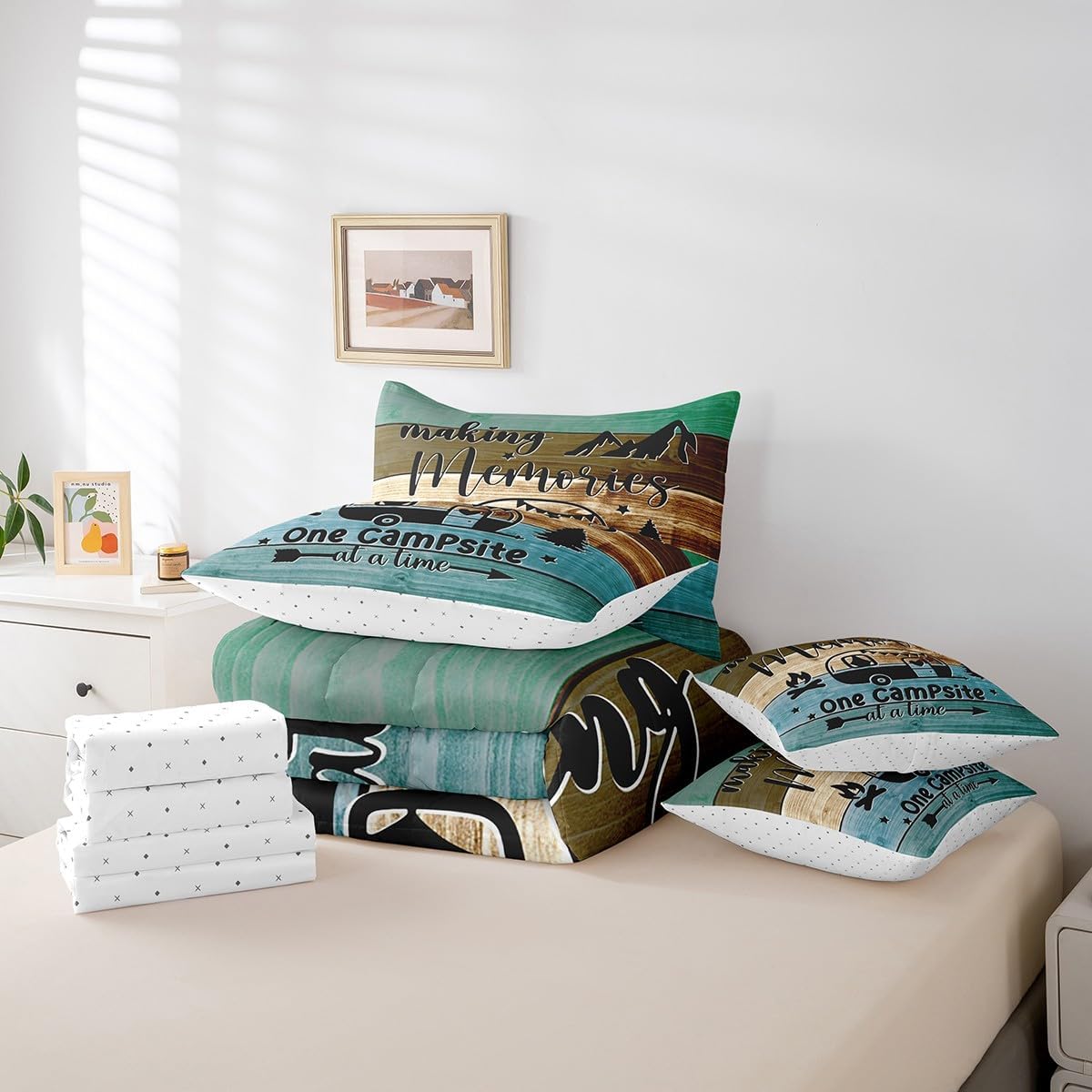 Feelyou Kids Camper Queen Size Comforter Set with Sheets Happy Camping 7 Pieces Bedding Set for Boys Girls Teens RV Decorations Vintage Wooden Planks Bed in a Bag Rustic Farmhouse Style Bed Set