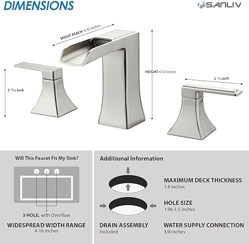 Miniatura 7 de Grifo de baño de 3 agujeros, grifos de baño en cascada para fregadero central de 8 pulgadas o 4 pulgadas, grifo de tocador de dos manijas con