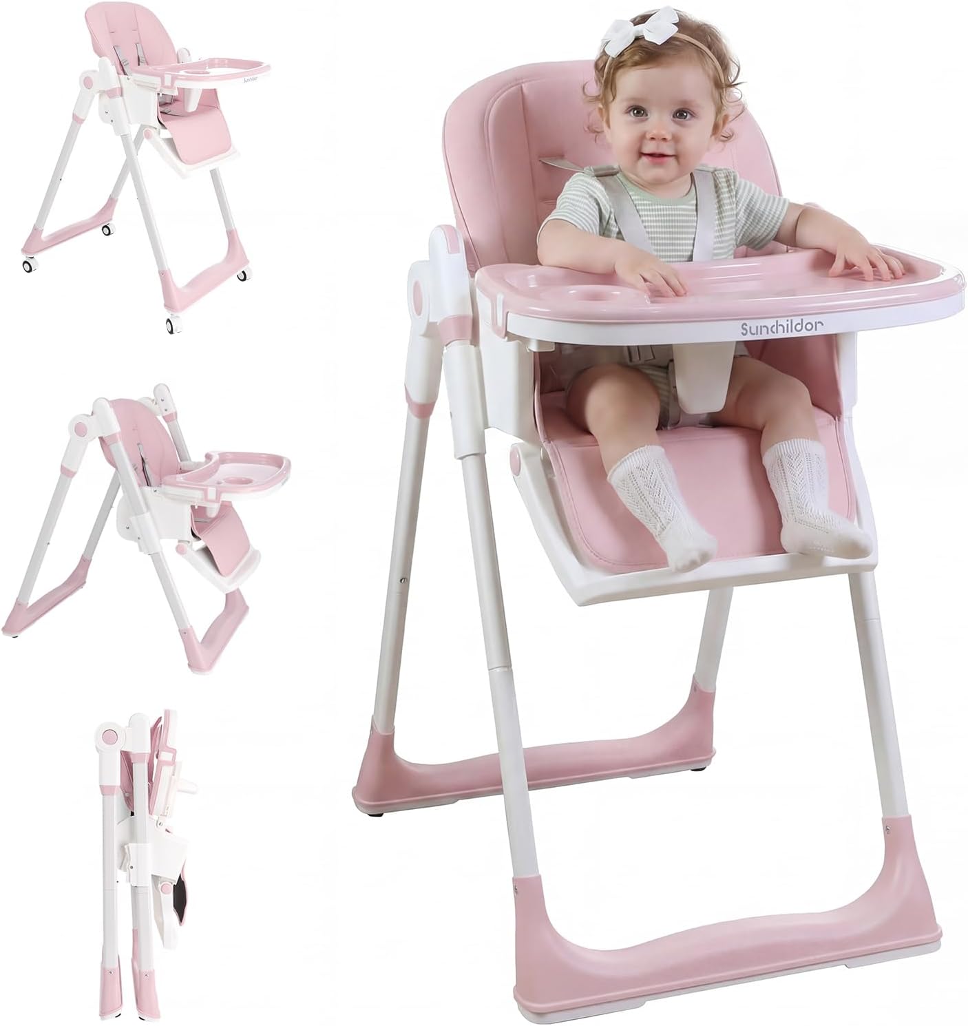 3 in 1 Baby High Chair with Wheels, Adjustable 5 Point Harness, Tray, Foot Rest, Backrest and Seat Height, Foldable High Chair for Toddlers, Pink
