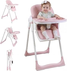 3 in 1 Baby High Chair with Wheels, Adjustable 5 Point Harness, Tray, Foot Rest, Backrest and Seat Height, Foldable High Chair for Toddlers, Pink