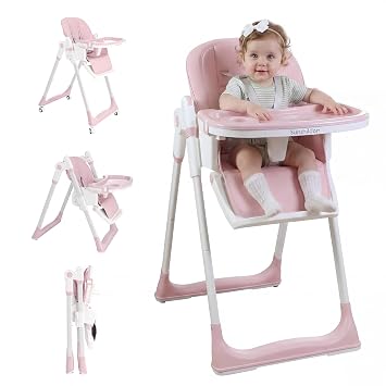 3-in-1 Baby High Chair with Wheels, 5-Point Harness, Tray, Footrest, and Backrest, Foldable and Adjustable for Toddlers 6-36 Months, Pink