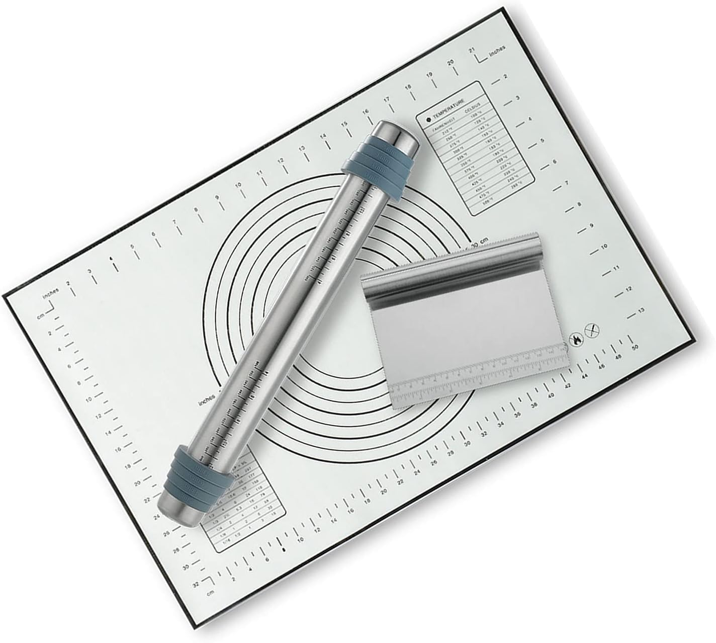 Stainless Steel Flour Rolling Pin with Thickness Rings, Adjustable Rolling Pin with Dough Scraper and Silicone Pastry Baking Mat Set