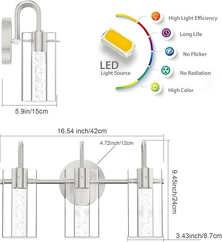 Miniatura 5 de Aipsun Lámparas de baño de níquel cepillado, 3 luces, modernos apliques de pared de baño con cristal de burbujas, accesorios de iluminación LED