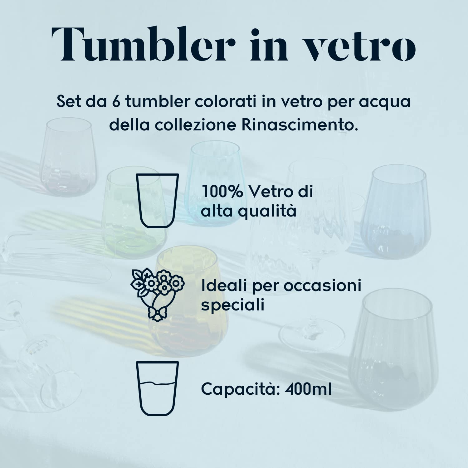 Livellara Milano Tumbler 400 ml Glas, 6er Set, farbige und besondere Wassergläser, grau, Kollektion: Renaissance