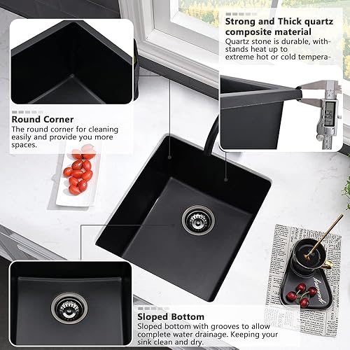 Miniatura 5 de VASOYO - Fregadero de barra negra de 17 pulgadas para montaje inferior, fregadero de cocina de granito de montaje doble, fregadero de cocina de