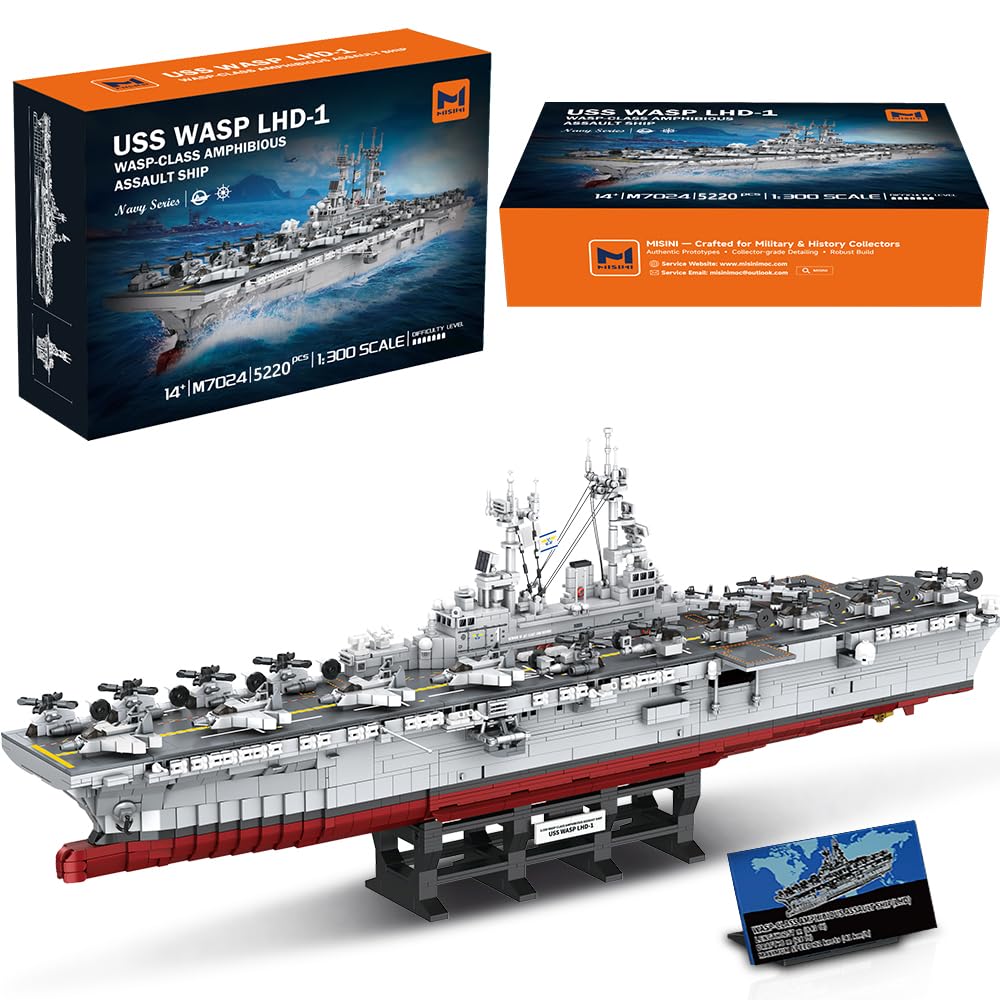 MISINI M7024 Wasp-Class Amphibious Assault Ship Building Block Set, 5220 Pieces MOC 1:300 Scale US Navy Aircraft Carrier/Warship Ship Model Set, Excellent Battleship Building Toy Gift and Collection