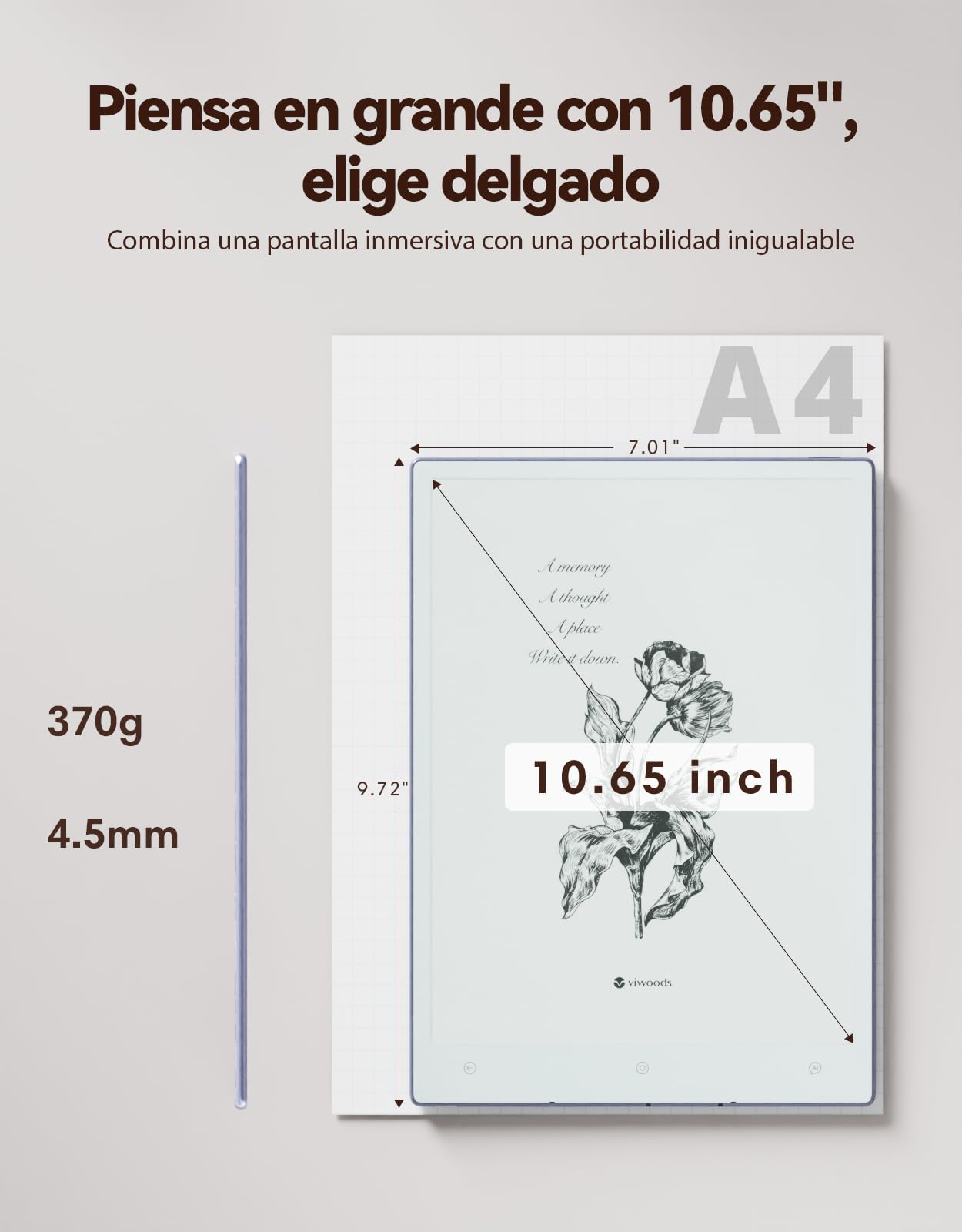 VIWOODS Paquete Mejorado con AiPaper, Stylus Pro y 5 Puntas, Tablet Carta 1300 AI E Ink, 10.65'' 300PPI Cuaderno Electrónico con Bolígrafo, Ultrafino 4.5mm, Ligero 370g